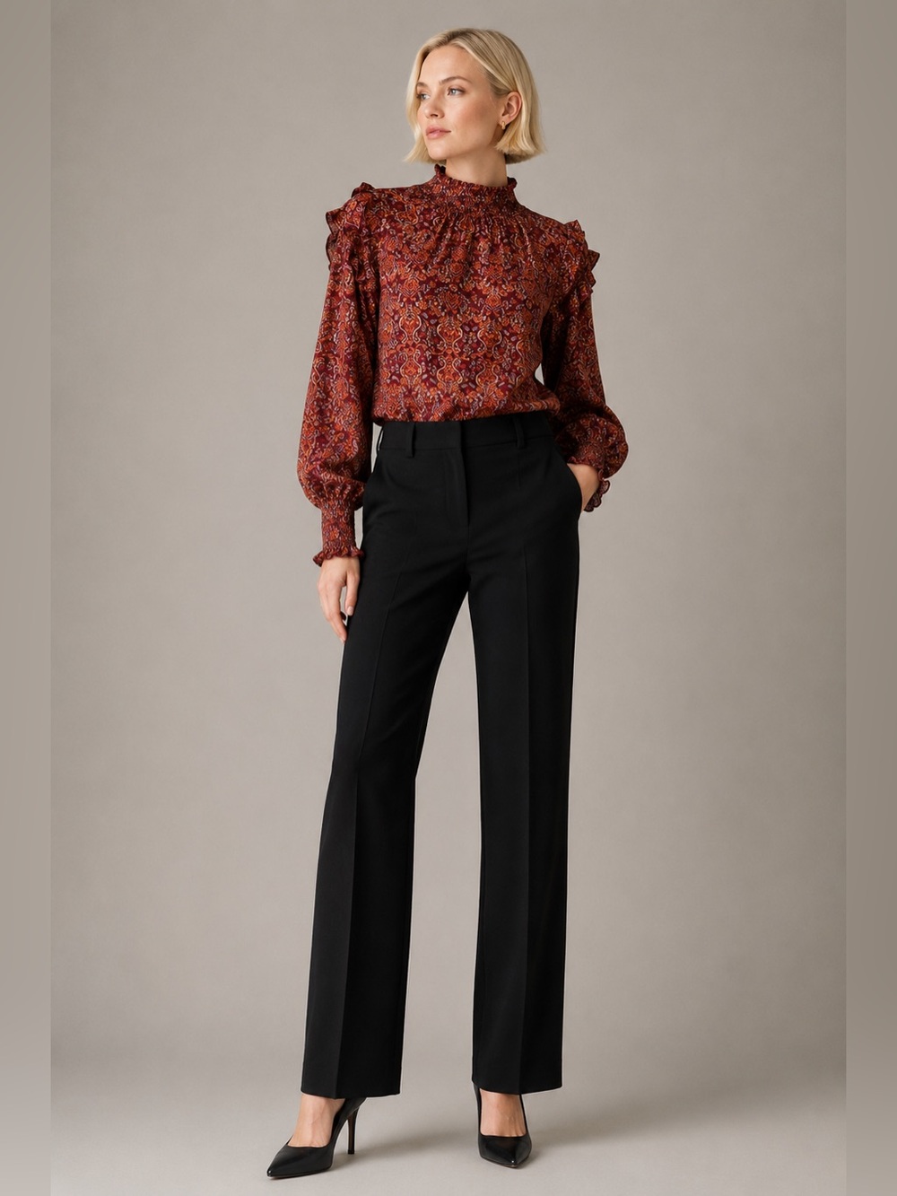 NWT Max Studio Floral Ruffled Mock Neck Blouse S Workwear Office Retails $98